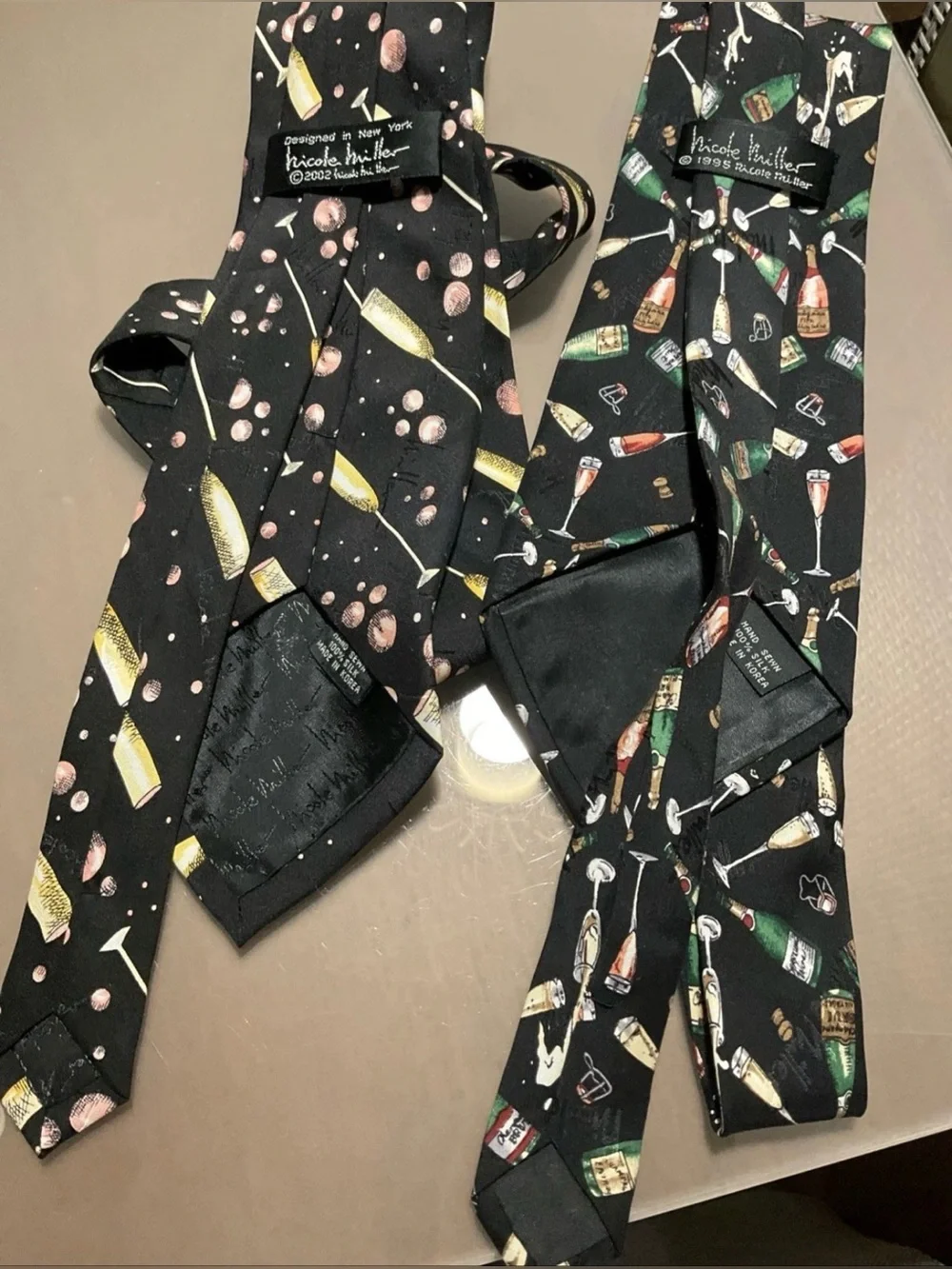 2 Nicole Miller D Hand Sewn 100% Silk Ties Bubbly Champagne Bartender Fest